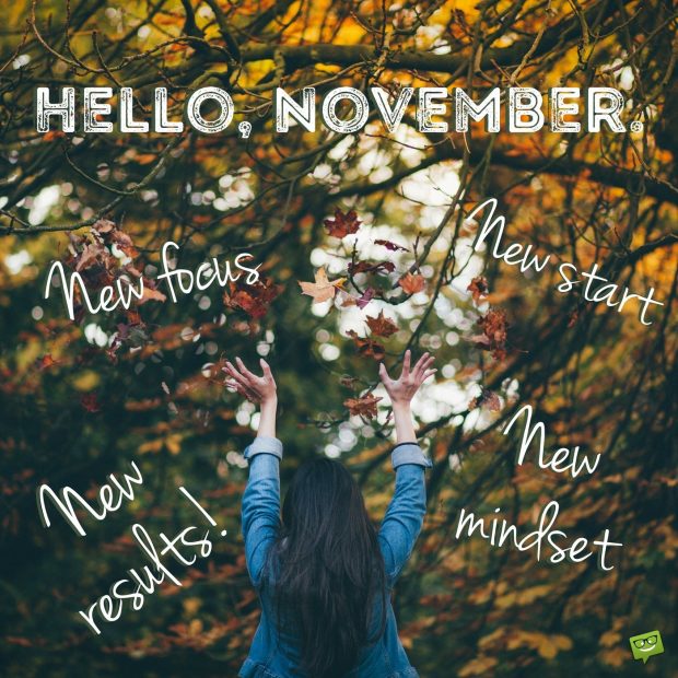 Hello November Motivational quote on image with woman in autumn nature background.