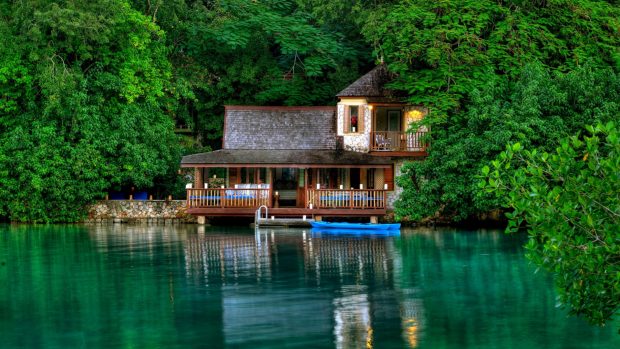 House hut boat thickets jungle lake privacy green summer brightly pictures 1920x1080.