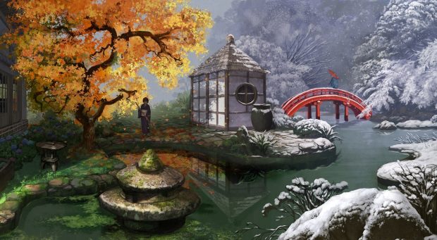 Japanese garden painting wallpaper 1920x1080.