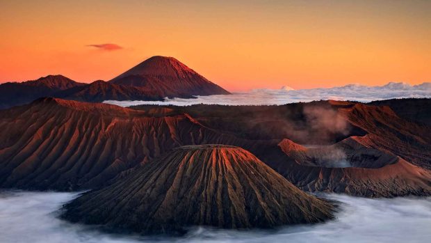 Mountains Mist Crater Sky Sunset Clouds Volcano Wallpaper Nature Ultra HD.