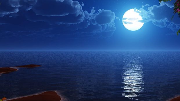 Oceans blue moon night sea wide screen 1920x1080.