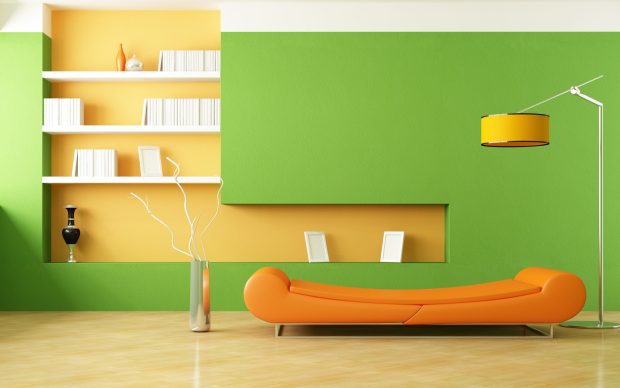 Orange sofa room design wallpaper hd free download.