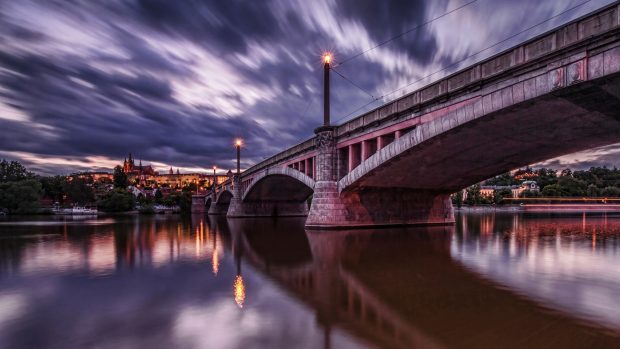 Prague dawn lights river bridge sky clouds images 1920x1080.