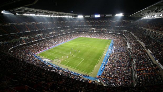 Real Madrid Santiago Bernabeu stadium at night.
