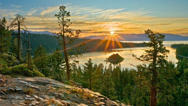 Sierra nevada sunrise fannette island lake california usa lake tahoe.