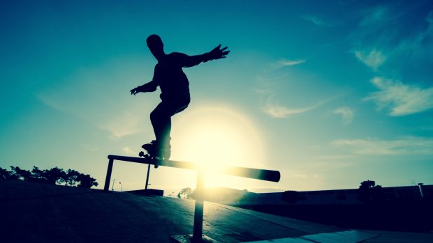 Skate board athlete railings motion silhouette ice rink backgrounds 2048x1152.