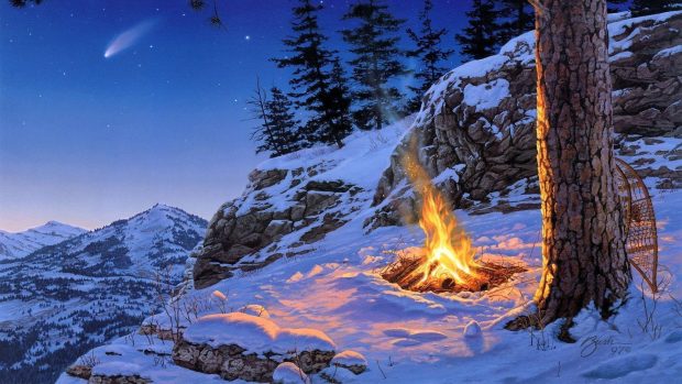 Snow Fire Star at Winter Night Image.