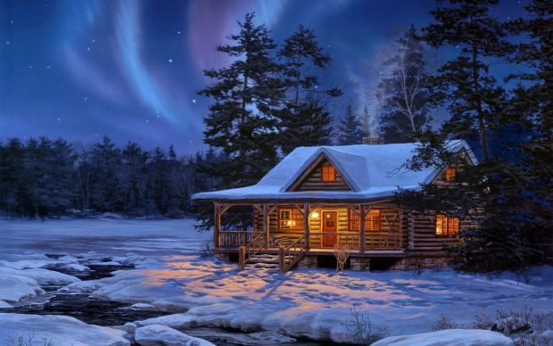 Snowy cottage wallpaper Hd.