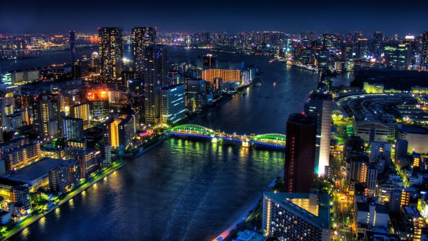 Tokyo bridge night buildings skyscrapers background 1920x1080.