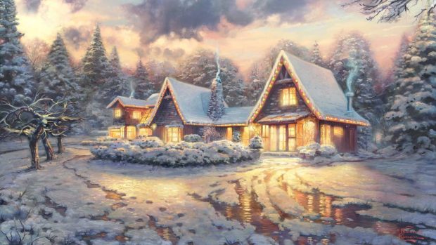 Winter christmas cottage art wallpaper desktop free 1920x1080.