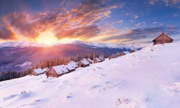 landscape nature panorama mountains sun wood clouds houses winter snow cold wallpaper