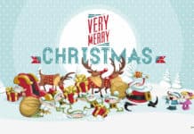 Festive Christmas scene with Santa Claus and elves celebrating winter holiday.