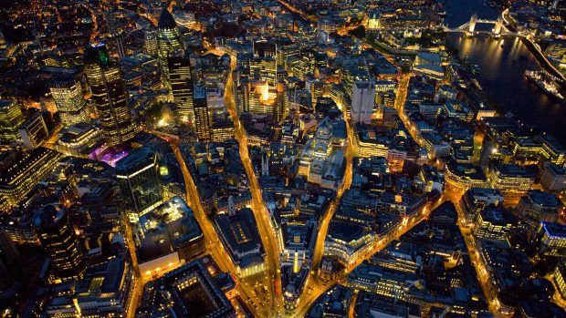 Aerial View of London at Night.