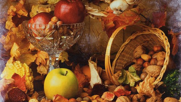 Window display of autumn harvest foods.