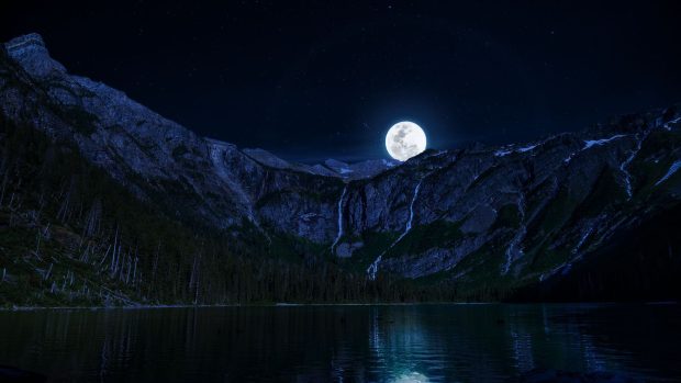 Lake Moon Night Mountains Wallpapers 1920x1080.