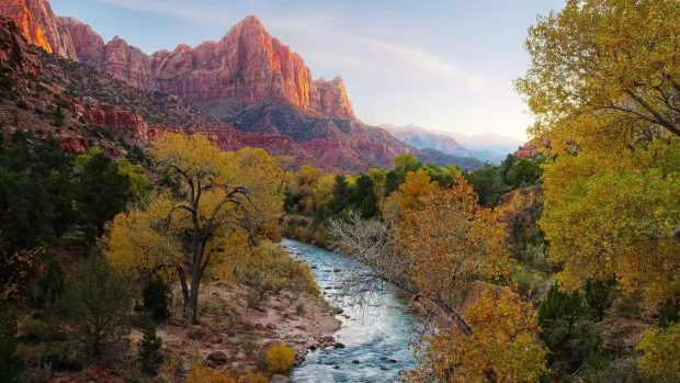 Autumn HD wallpaper featuring trees by a river with mountains.