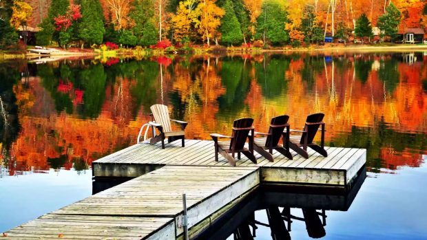 Autumn River wallpaper featuring a pier on a lake  surrounded by colorful trees.