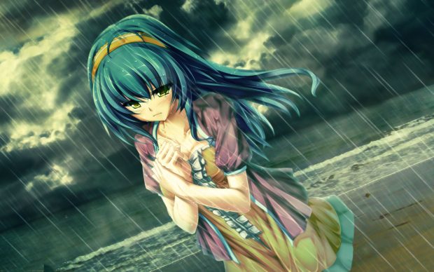 Beautiful Anime Girl in Rain HQ Wallpaper.