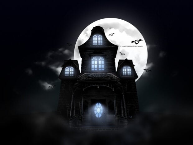 Haunted house illuminated by full moon with bats and creature, spooky Halloween night scene, atmospheric dark sky, eerie haunted mansion, Halloween celebration, spooky house design.