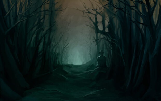 Eerie dark forest with twisted trees and a lone tombstone under a foggy, moonlit sky, creating a mysterious and haunting atmosphere.