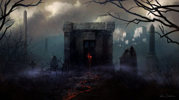 Dark haunted graveyard with spooky mausoleum and blood streaks, eerie fog and dead trees, gothic horror scene, ominous atmosphere, supernatural theme, chilling night setting.