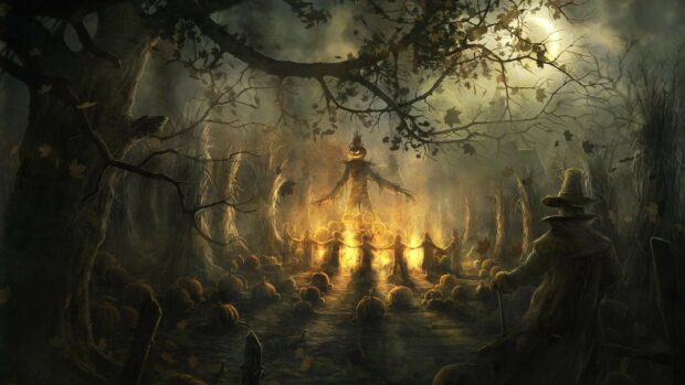 Haunted forest with a spooky pumpkin-headed scarecrow figure surrounded by lit pumpkins and children holding hands, Halloween night scene.