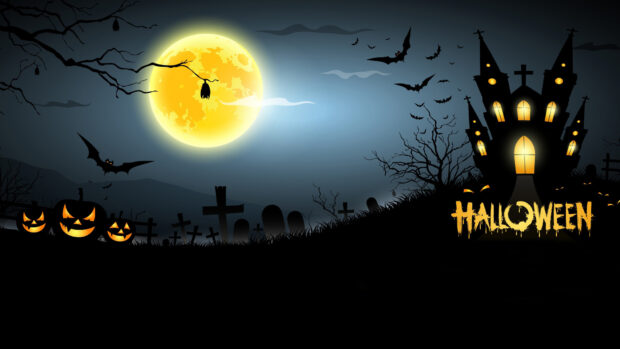 Haunted Halloween castle scene with glowing jack-o'-lanterns, full moon, bats, and eerie graveyard landscape at night.