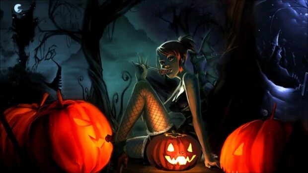 Spooky Halloween scene with a girl in fishnet stockings surrounded by glowing carved pumpkins and dark twisted trees under a full moon.