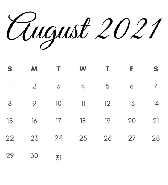 2021 August Calendar Monthly Printable.