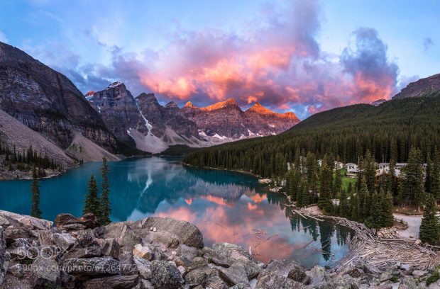 A beautiful morning sunrise in Moraine Lake Banff National Park.