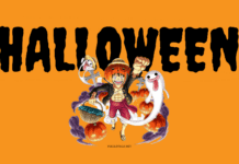 Halloween celebration with anime character in costume, pumpkins, ghosts, and spooky decorations on orange background.