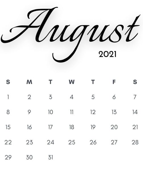 August 2021 Calligraphy Monthly Calendar Printable Templates Download Free.