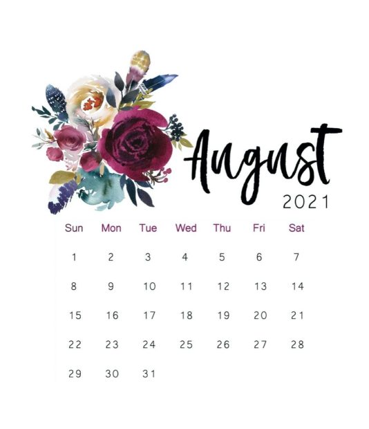 August 2021 Printable Calendar Floral Watercolor Calendar.