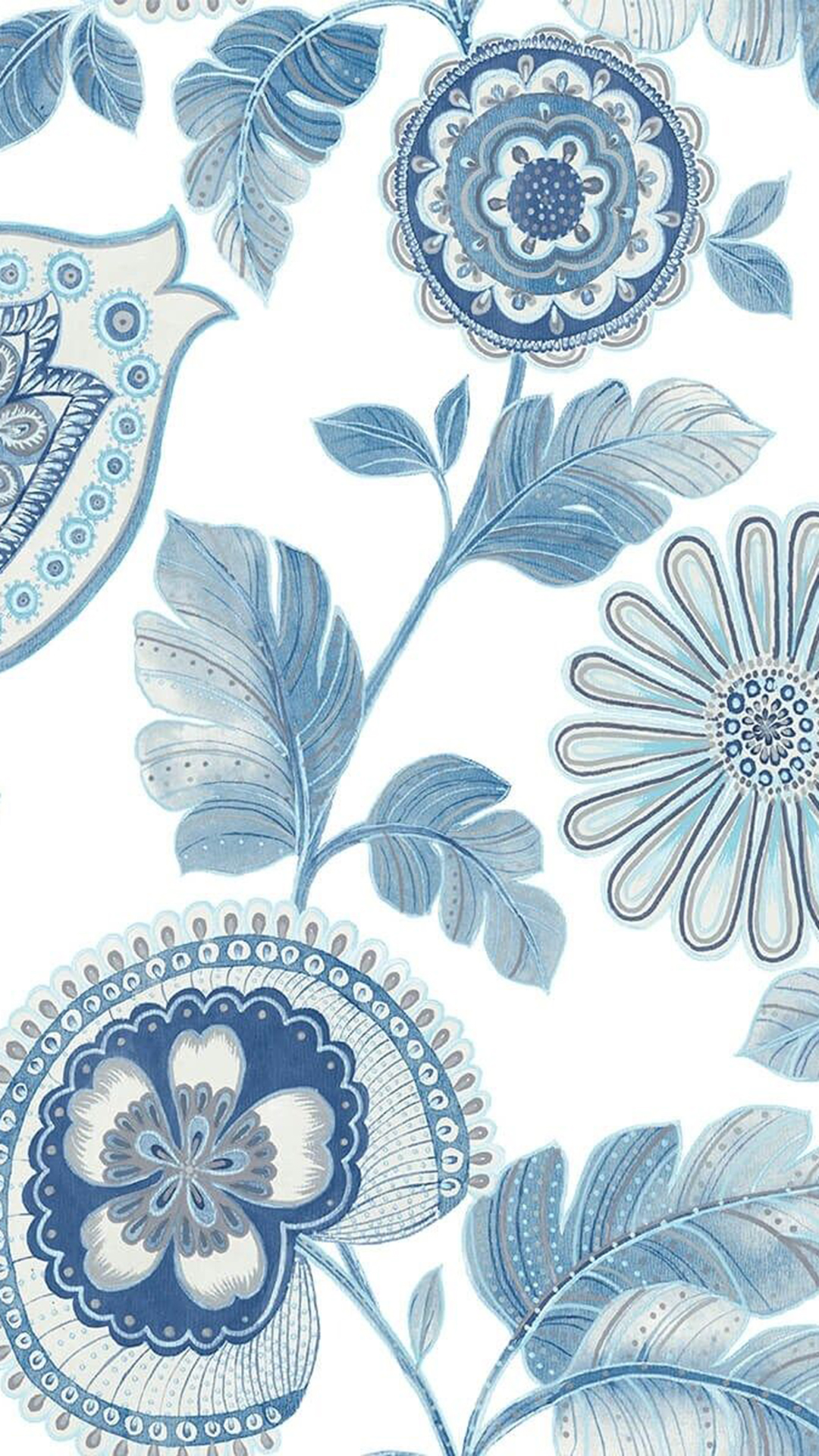 Boho Wallpaper with Grey and Blue Underwater Plants on a Light Grey  Background