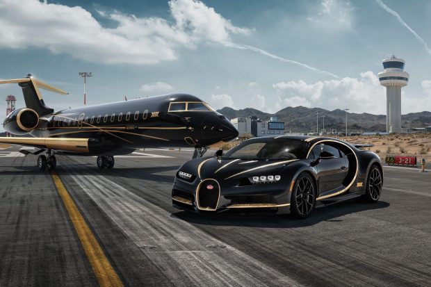 Bugatti Chiron Black  Gold  Aircraft  Supercar Background.