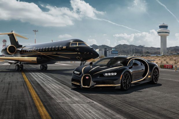 Bugatti Chiron Black Gold Aircraft Supercar Background.