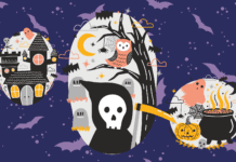 Haunted house, graveyard, and cauldron with Halloween themed illustrations featuring bats, pumpkin, owl, ghost, and spider on dark night background.