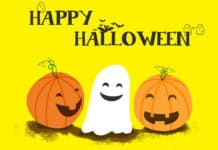 Happy Halloween greeting with cartoon pumpkins and ghost on yellow background.