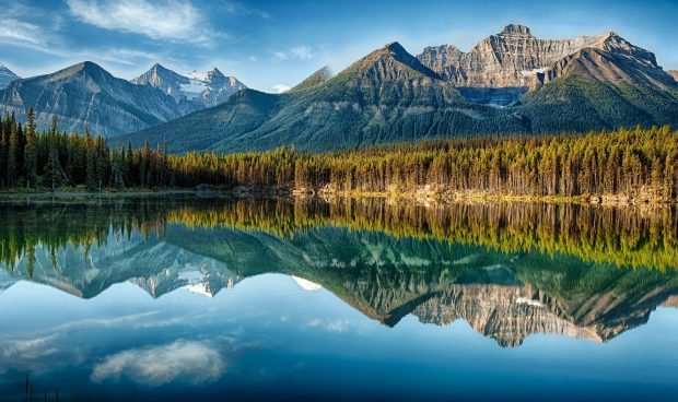 Lake Reflection Beautiful Forest Banff National Park Desktop Wallpaper.