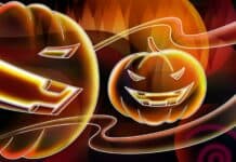 Glowing Halloween pumpkin with mischievous carved face and vibrant orange colors in festive digital art style.