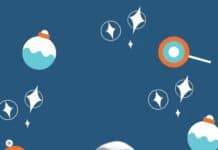 Festive holiday Halloween character with Jack Skellington face and striped costume, surrounded by Christmas ornaments and seasonal decorations, on a blue background.