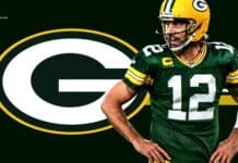 Green Bay Packers football player wearing jersey number 12 on field with NFL helmet and logo in background.