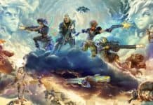 Heroes fighting in a cloudy sky in a sci-fi battle scene, with futuristic weapons and explosions, amid giant sculptures and flying vehicles, in a vibrant, action-packed digital artwork.