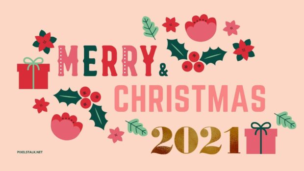 Festive Christmas card with holiday flowers, holly, berries, presents, and "Merry Christmas 2021" message, celebrating the Christmas holiday with colorful decorations and cheerful theme.
