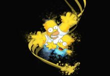 Homer and Bart Simpson illustration with yellow paint splashes and dynamic black background.