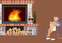 Cozy boy reading a book by a lit fireplace with a bottle of wine and two glasses, in a warm living room.