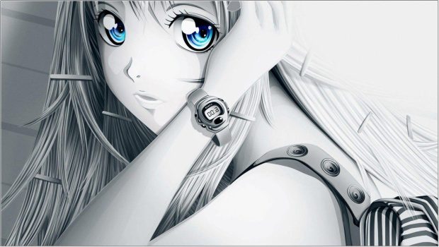 Cute Anime Girl Black and White Wallpaper HD.