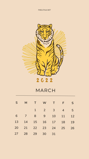 March 2022 Tiger Calendar iPhone Backgrounds.