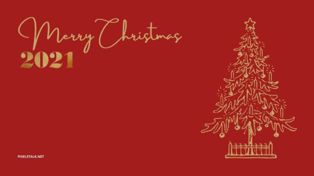 Festive Christmas tree with candles and ornaments on a red background, celebrating 2021 holiday season.