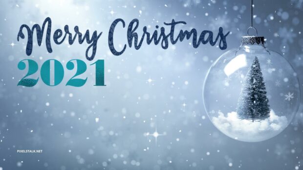 Festive Christmas tree inside glass ornament with snowfall background, Merry Christmas 2021, holiday decoration, winter season celebration, Xmas cheer.